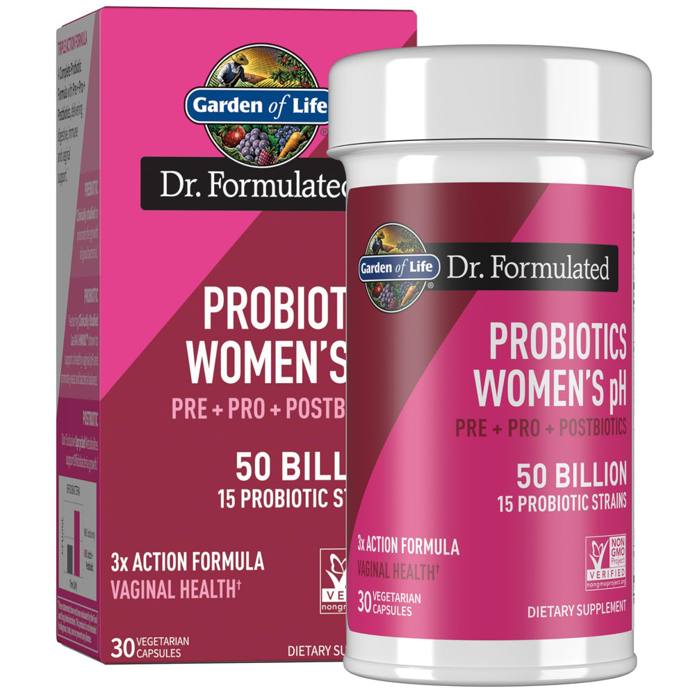 Garden of Life Dr Formulated 3-in-1 bottle shows women's health support through prebiotic-probiotic-postbiotic blend