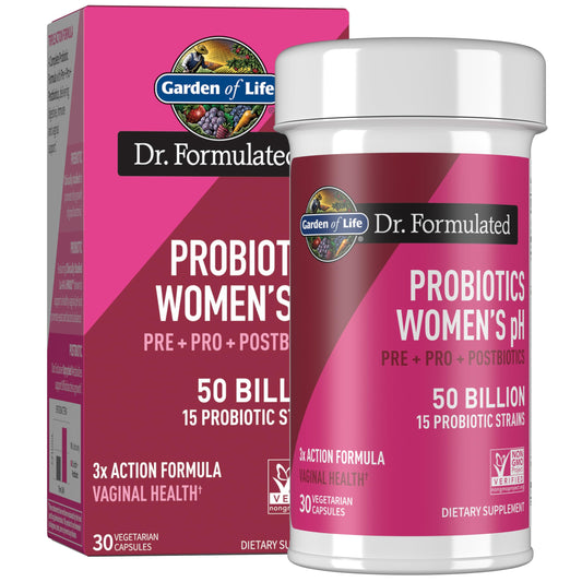 Garden of Life Dr Formulated 3-in-1 bottle shows women's health support through prebiotic-probiotic-postbiotic blend