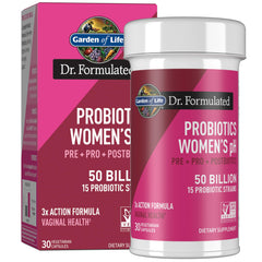 Garden of Life Dr Formulated 3-in-1 bottle shows women's health support through prebiotic-probiotic-postbiotic blend