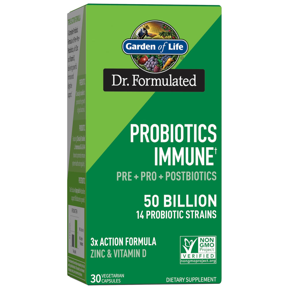 Garden of Life Dr Formulated Immune Support bottle front showing triple action formula for daily wellness.