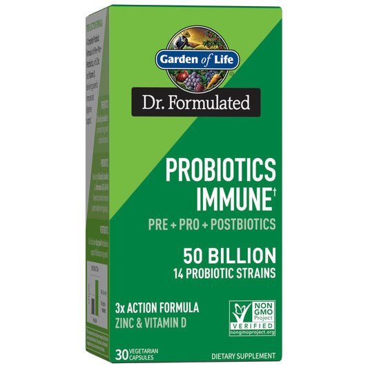 Garden of Life Dr Formulated Immune Support bottle front showing triple action formula for daily wellness.