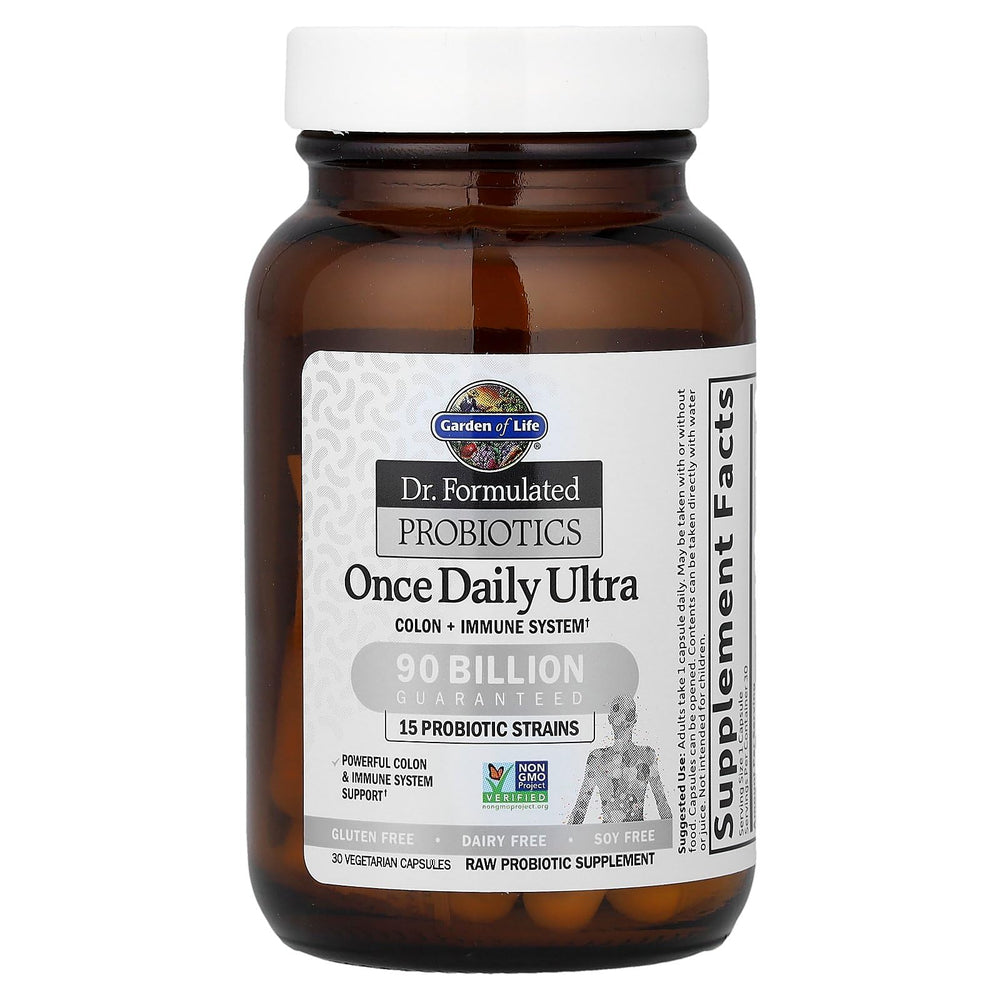 Garden of Life Dr. Formulated Probiotics Once Daily Ultra capsules closeup, vegetarian and gluten-free.