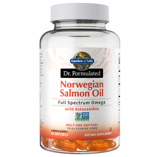 Garden of Life Dr. Formulated Salmon Oil Softgels bottle featuring full-spectrum omega-3 blend