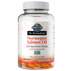 Garden of Life Dr. Formulated Salmon Oil Softgels bottle featuring full-spectrum omega-3 blend