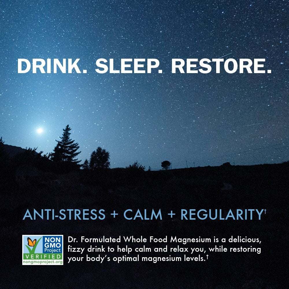 Garden of Life Dr Formulated magnesium fizz in glass for a soothing night ritual.