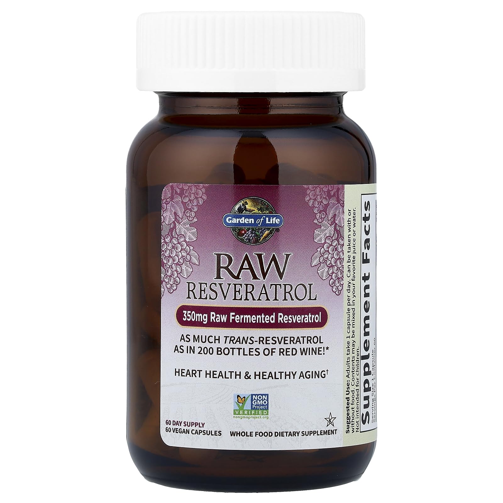 Garden of Life fermented resveratrol label closeup highlighting raw, non-GMO formulation.