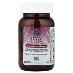 Garden of Life fermented resveratrol label closeup highlighting raw, non-GMO formulation.