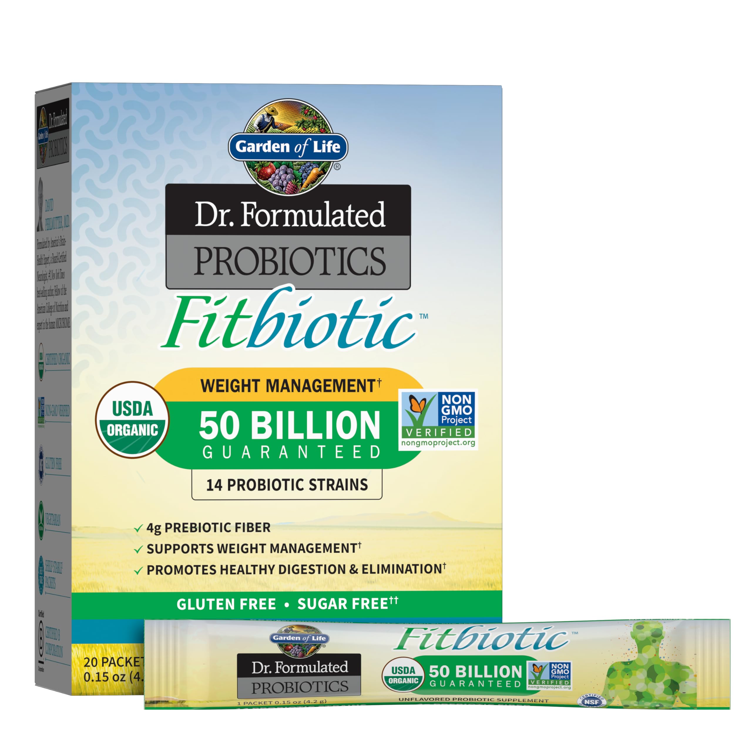 Garden of Life Fitbiotic weight-management packet front showing 50 Billion CFU for weight management