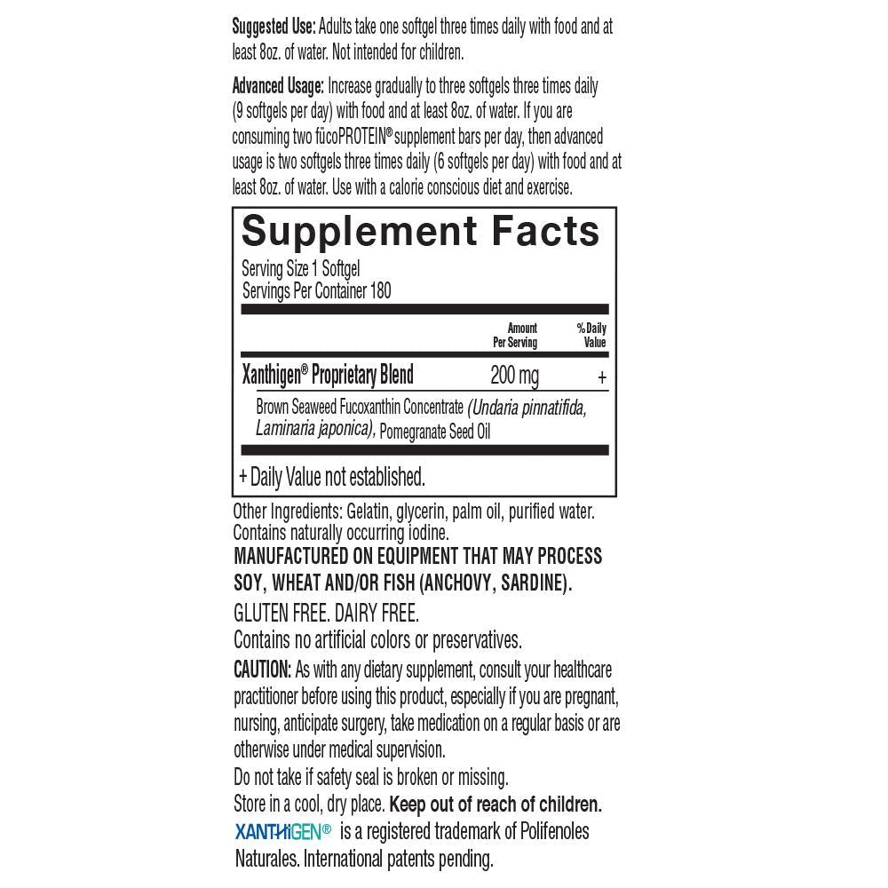 Garden of Life fucoThin ingredients panel showing fucoxanthin from brown seaweed with pomegranate oil