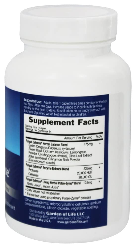 Garden of Life Fungal Defense caplets ingredients graphic highlights botanicals and enzymes for digestion