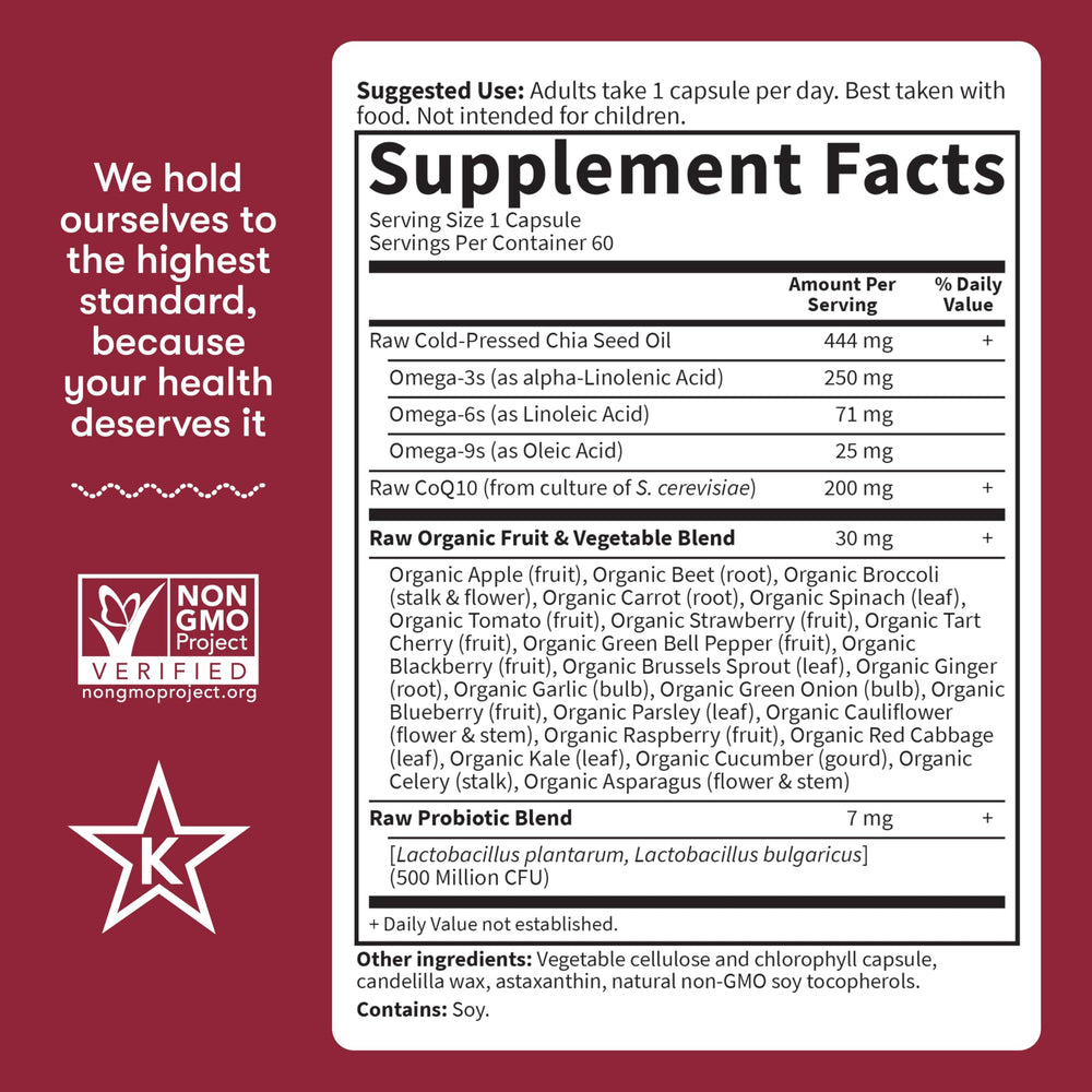 Garden of Life gluten-free and dairy-free CoQ10 supplement details.