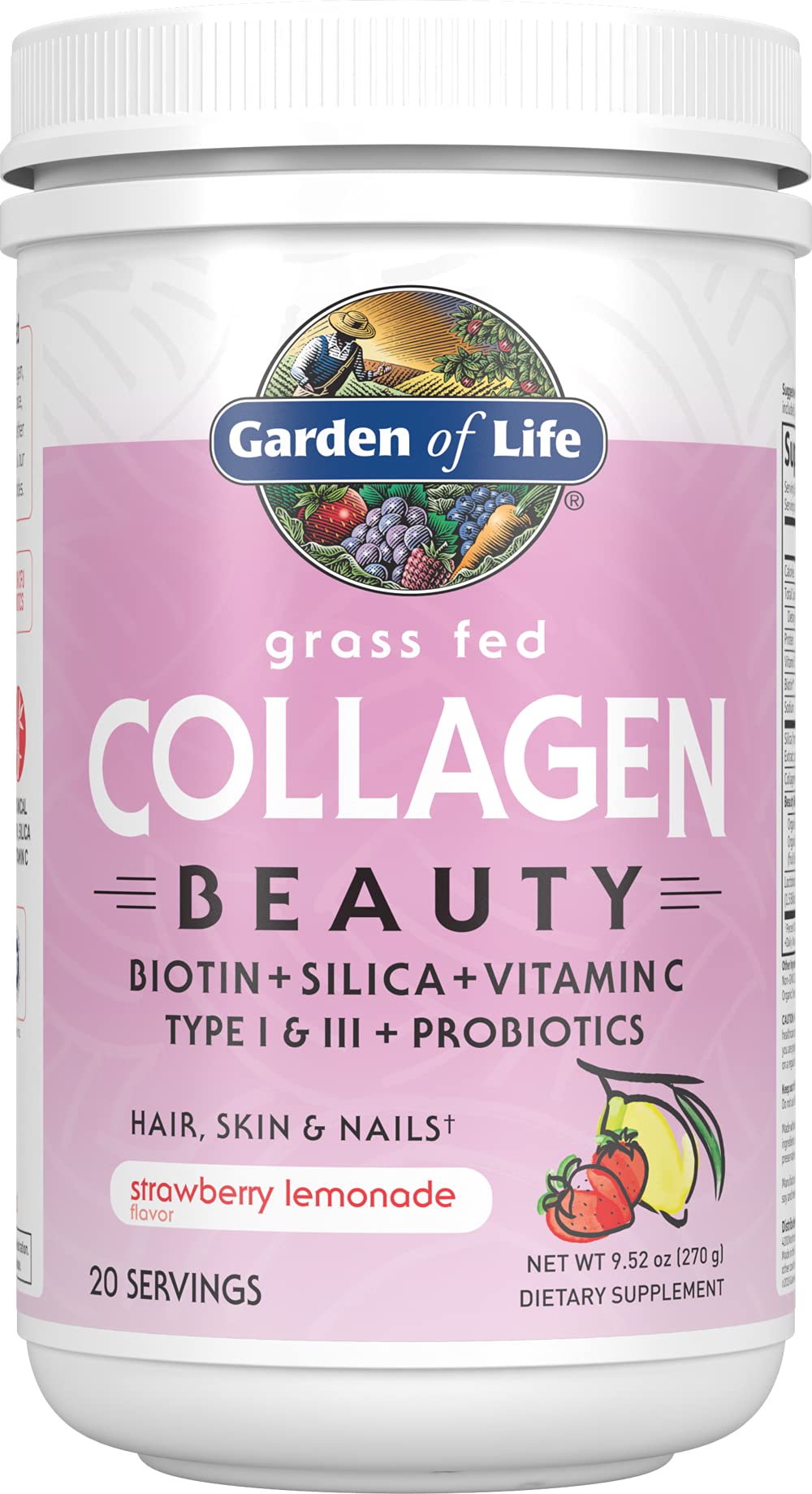 Garden of Life Collagen Beauty strawberry lemonade bottle showing 11g collagen for hair and skin