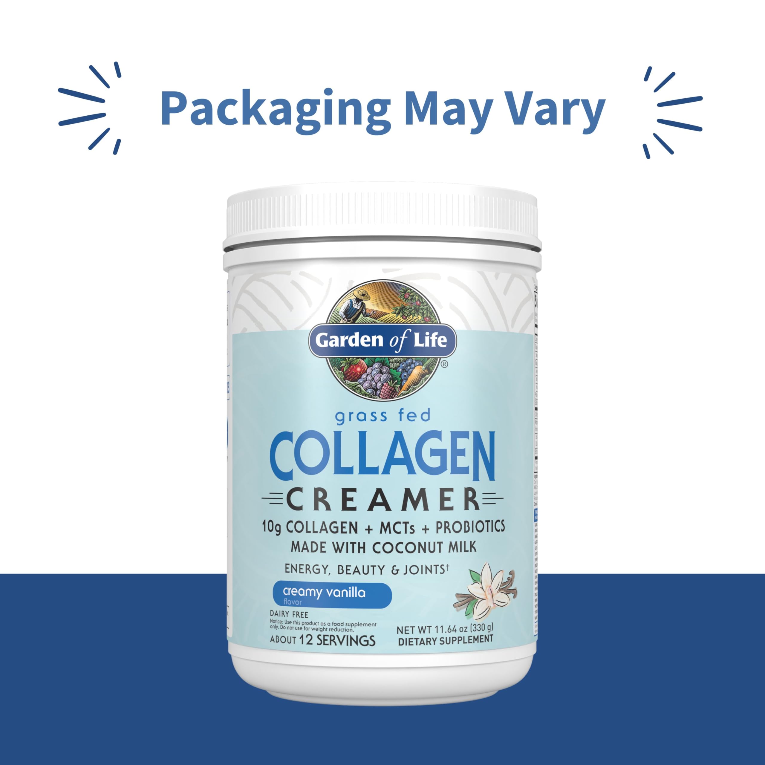 Garden of Life collagen creamer vanilla swirl in cup highlights creamy texture.