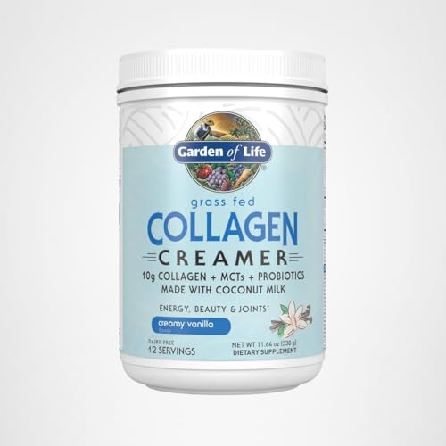 Garden of Life collagen creamer vanilla packaging and mug convey keto-friendly option.
