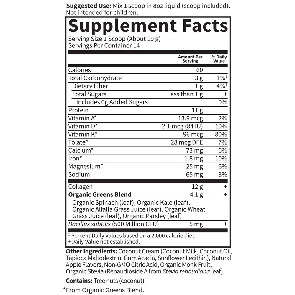 Garden of Life Grass Fed Collagen Greens label close-up highlights certifications.
