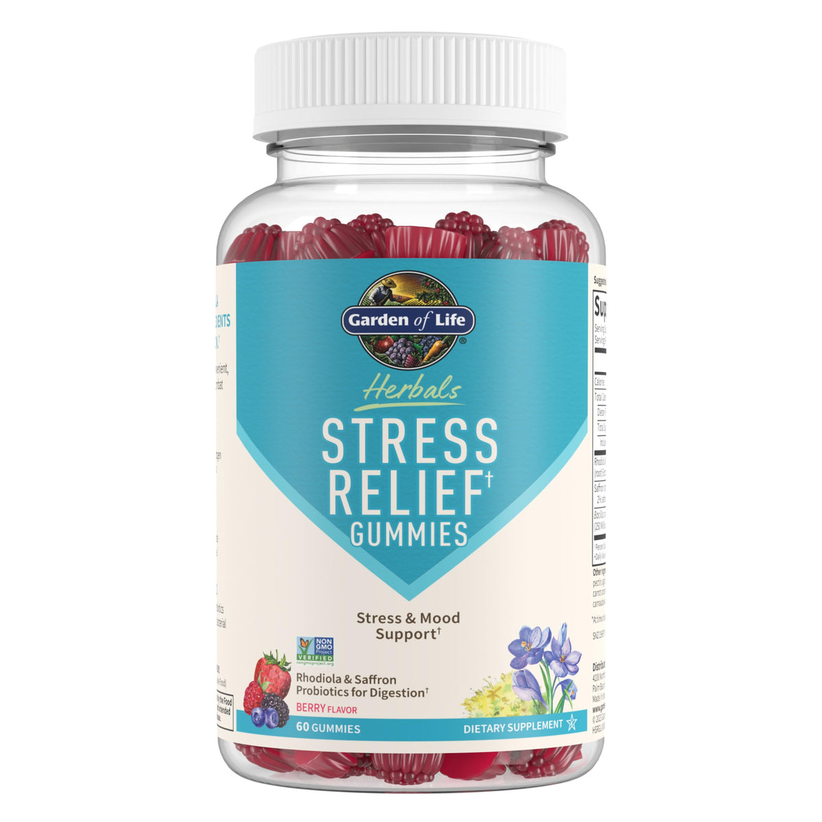 Garden of Life Herbals Stress Relief Gummy bottle front highlights berry flavor and mood support.