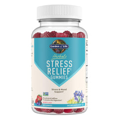 Garden of Life Herbals Stress Relief Gummy bottle front highlights berry flavor and mood support.
