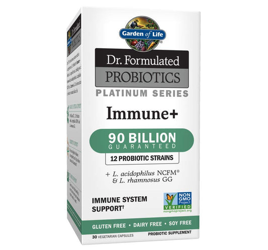 Garden of Life Immune Plus probiotic bottle for daily immune support.