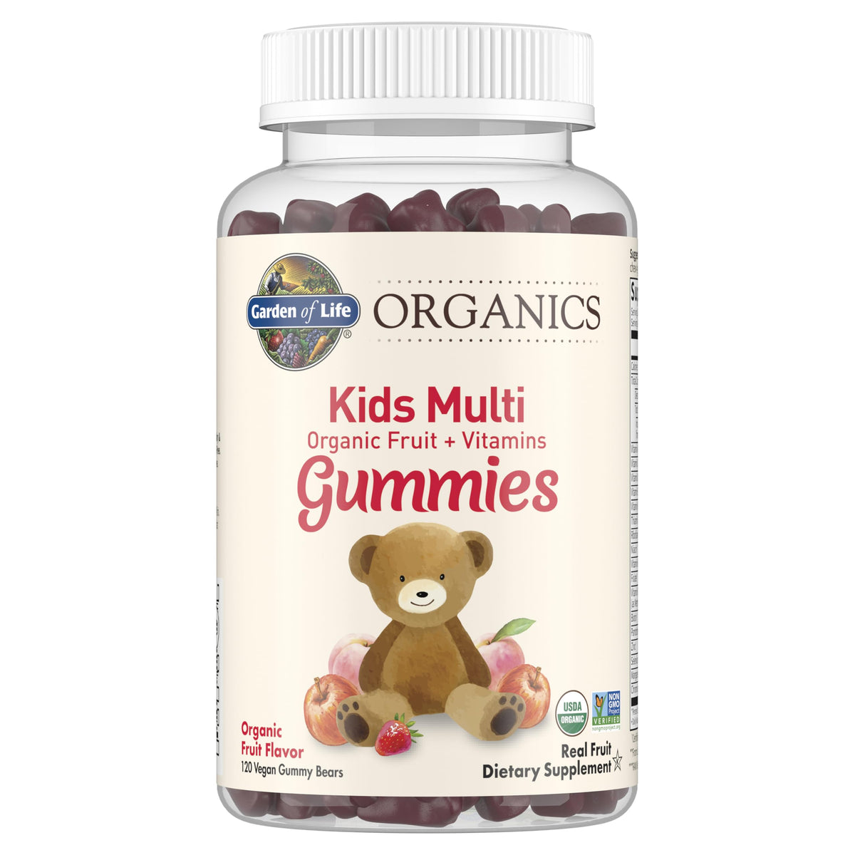 Garden of Life Kids Gummy Vitamins fruit bottle shows organic, kid-friendly nutrition.