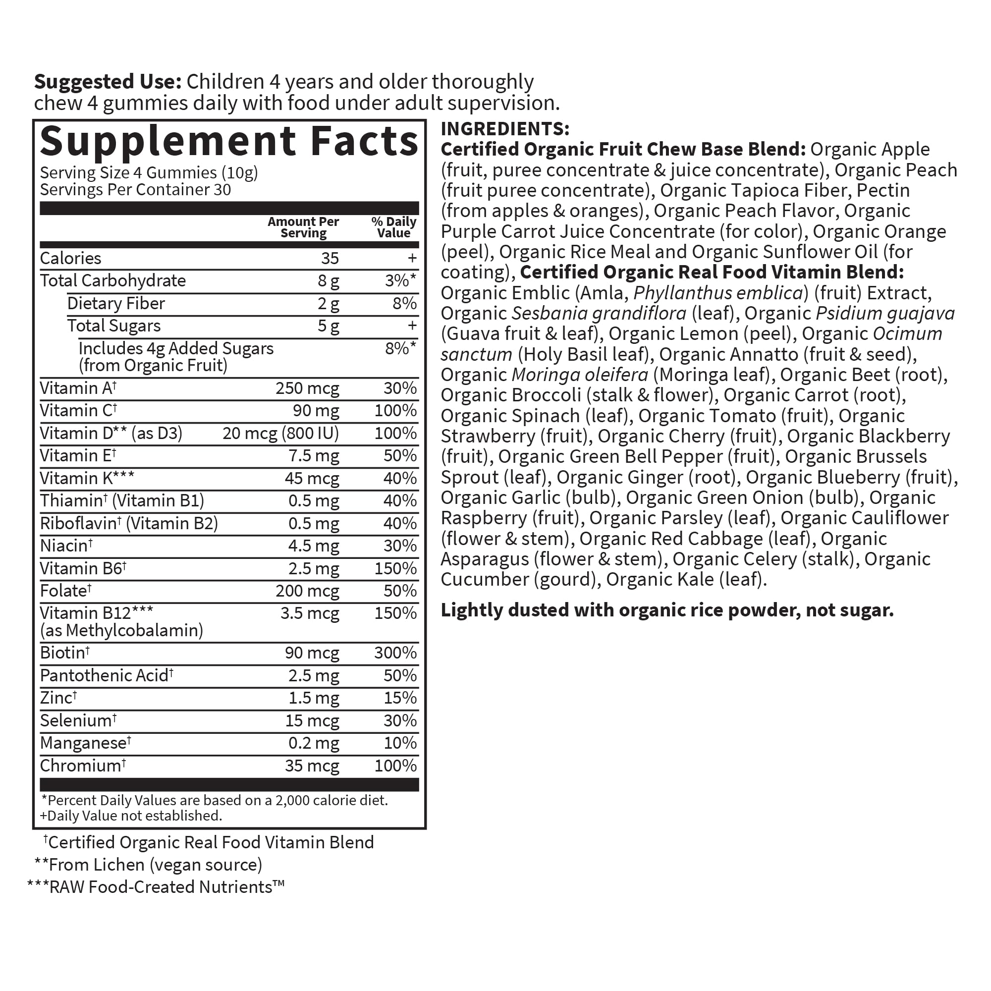 Garden of Life Gummy ingredient panel emphasizes clean gummy technology and no artificial flavors.