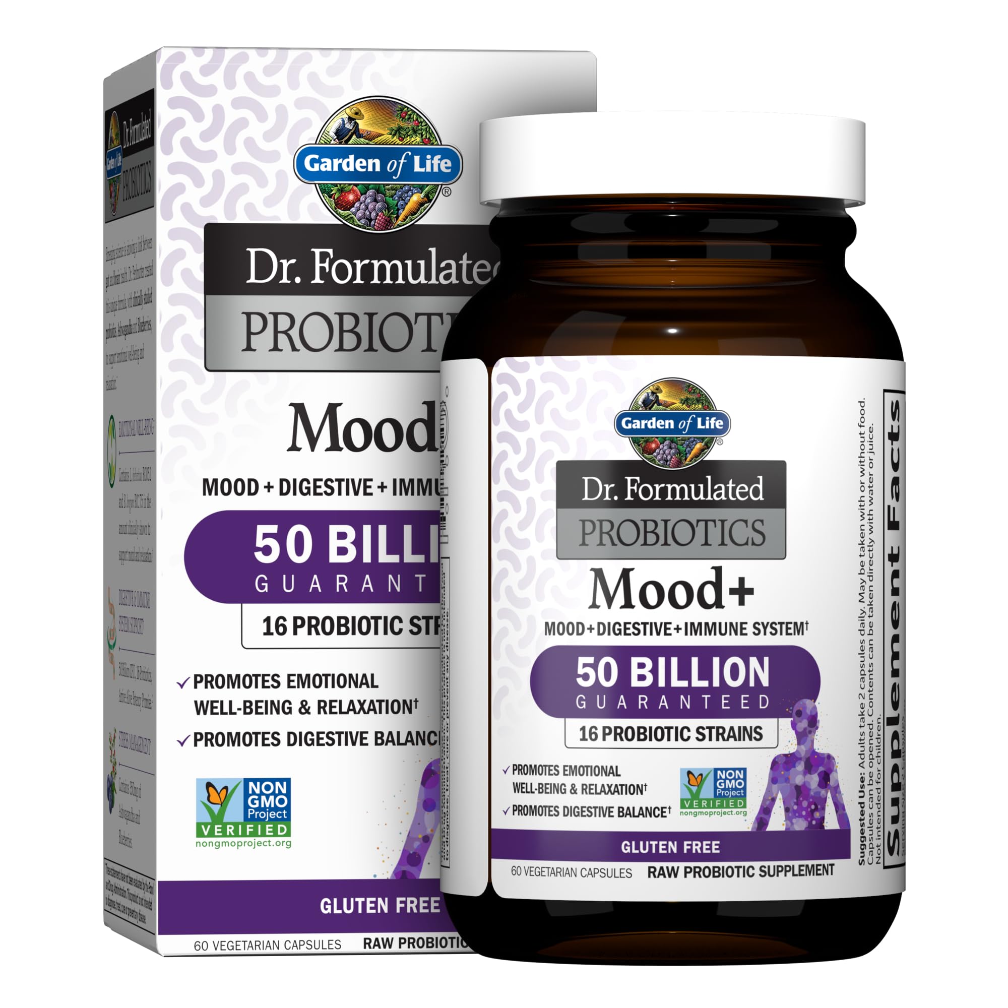 Garden of Life Mood+ bottle front with probiotic blend for daily balance.