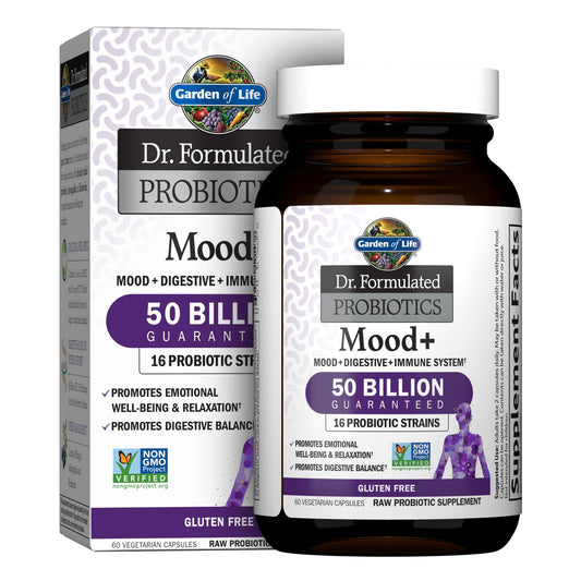 Garden of Life Mood+ bottle front with probiotic blend for daily balance.