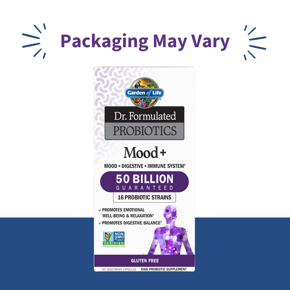 Mood+ capsules closeup emphasizing 50B CFU for digestive support.