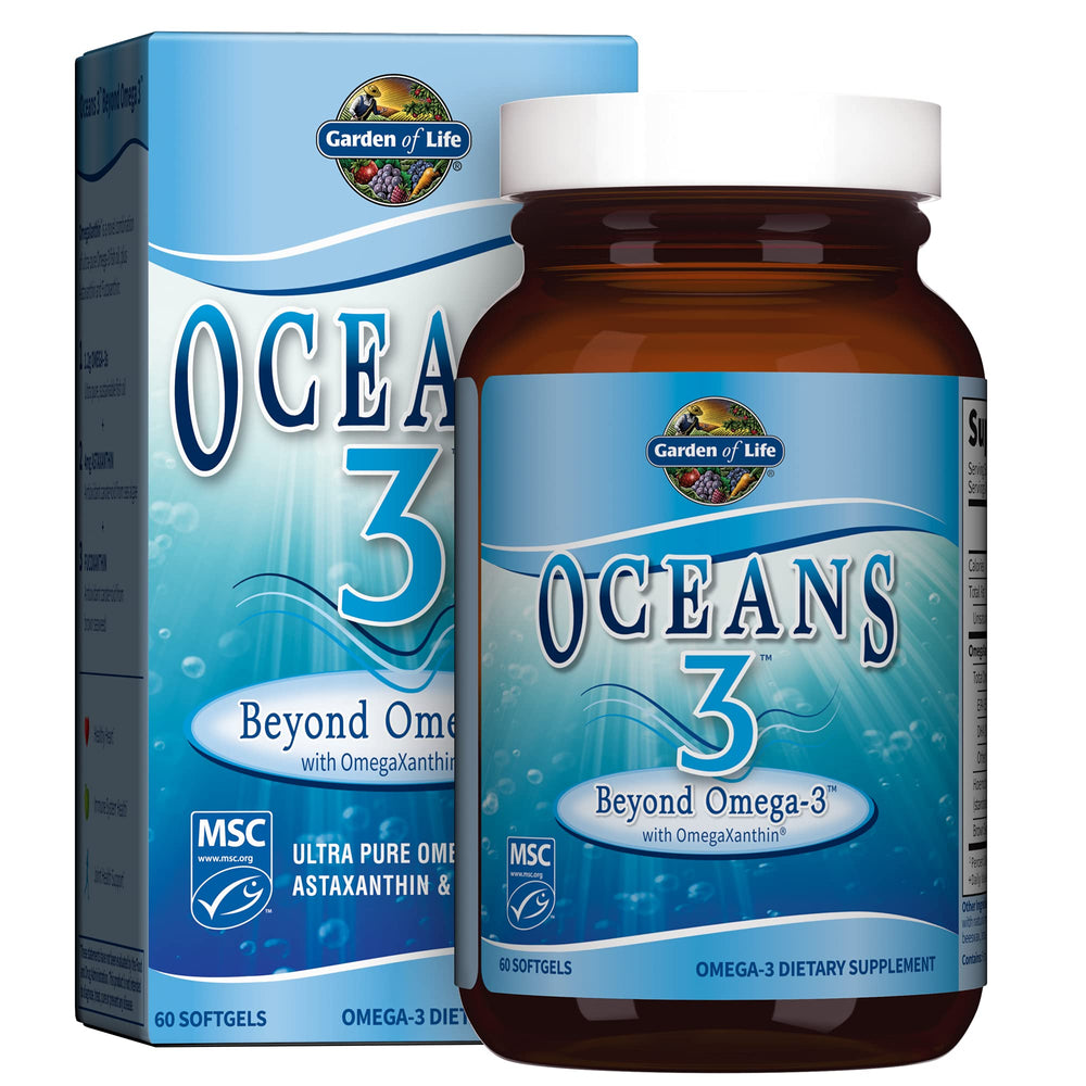Garden of Life Oceans 3 Beyond Omega-3 bottle showing high potency omega-3 and strawberry flavor
