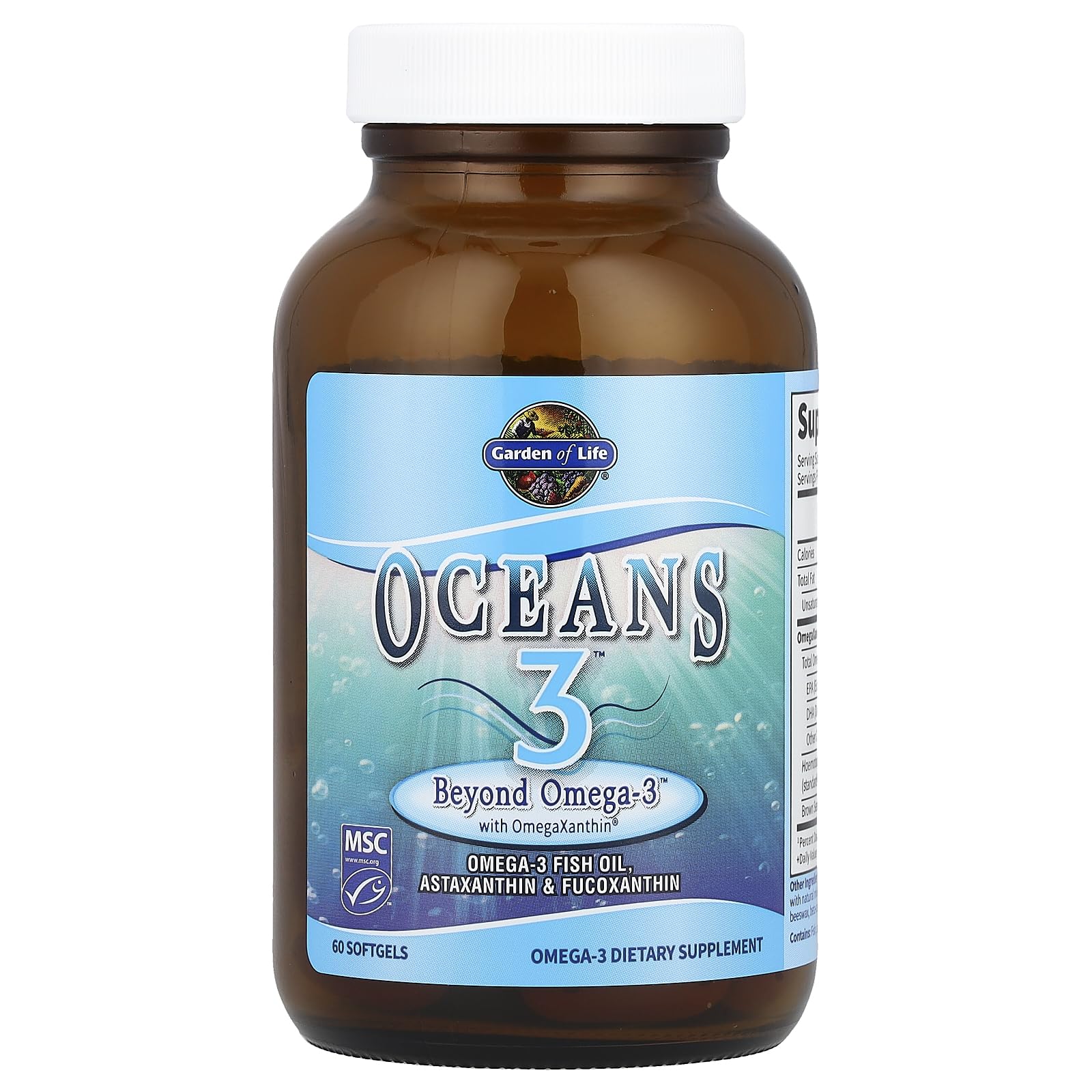 Oceans 3 Beyond Omega-3 bottle with pour emphasis on omega-3 content