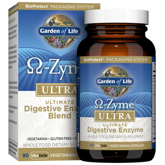 Garden of Life Omega-Zyme Ultra bottle front promotes digestion support