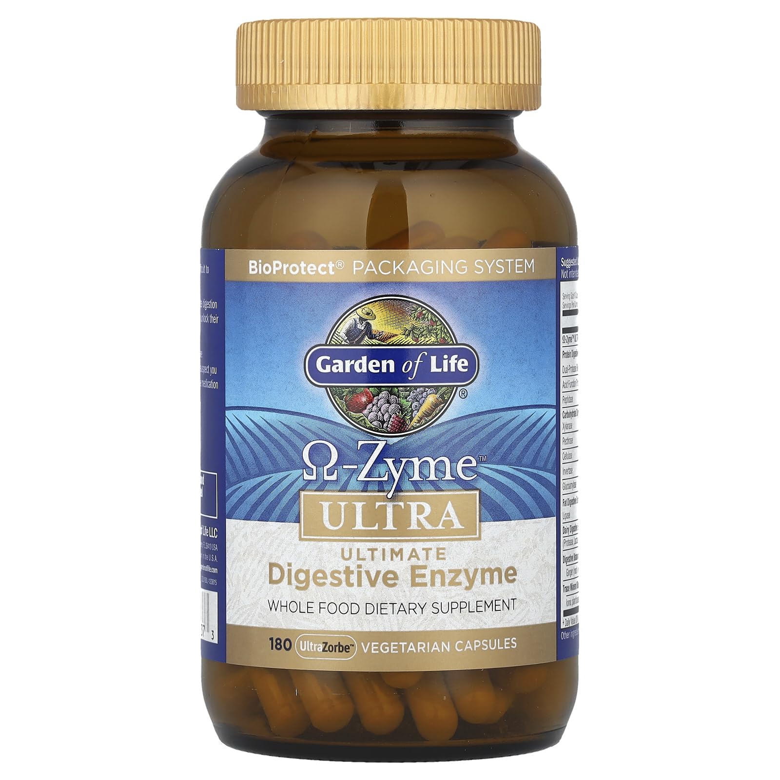 Garden of Life Omega-Zyme Ultra label close-up highlighting gluten-free and dairy-free features.
