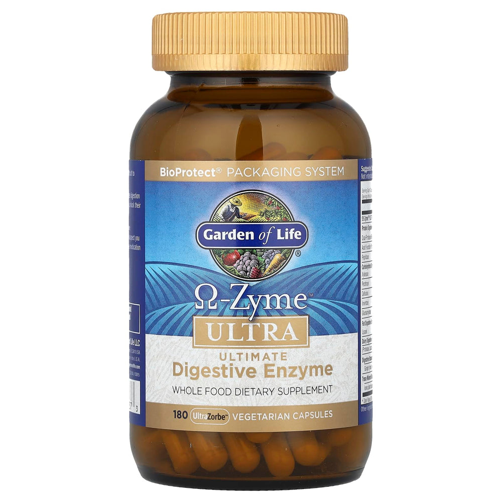 Garden of Life Omega-Zyme Ultra label close-up highlighting gluten-free and dairy-free features.