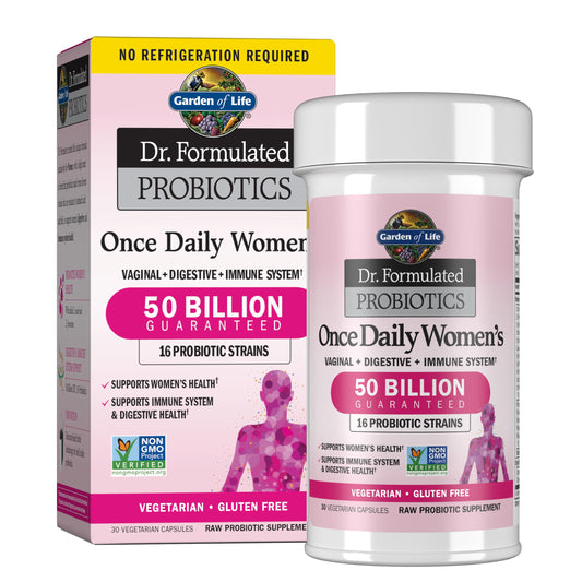 Garden of Life Once Daily Probiotics for Women bottle showing 50B CFU and 16 strains
