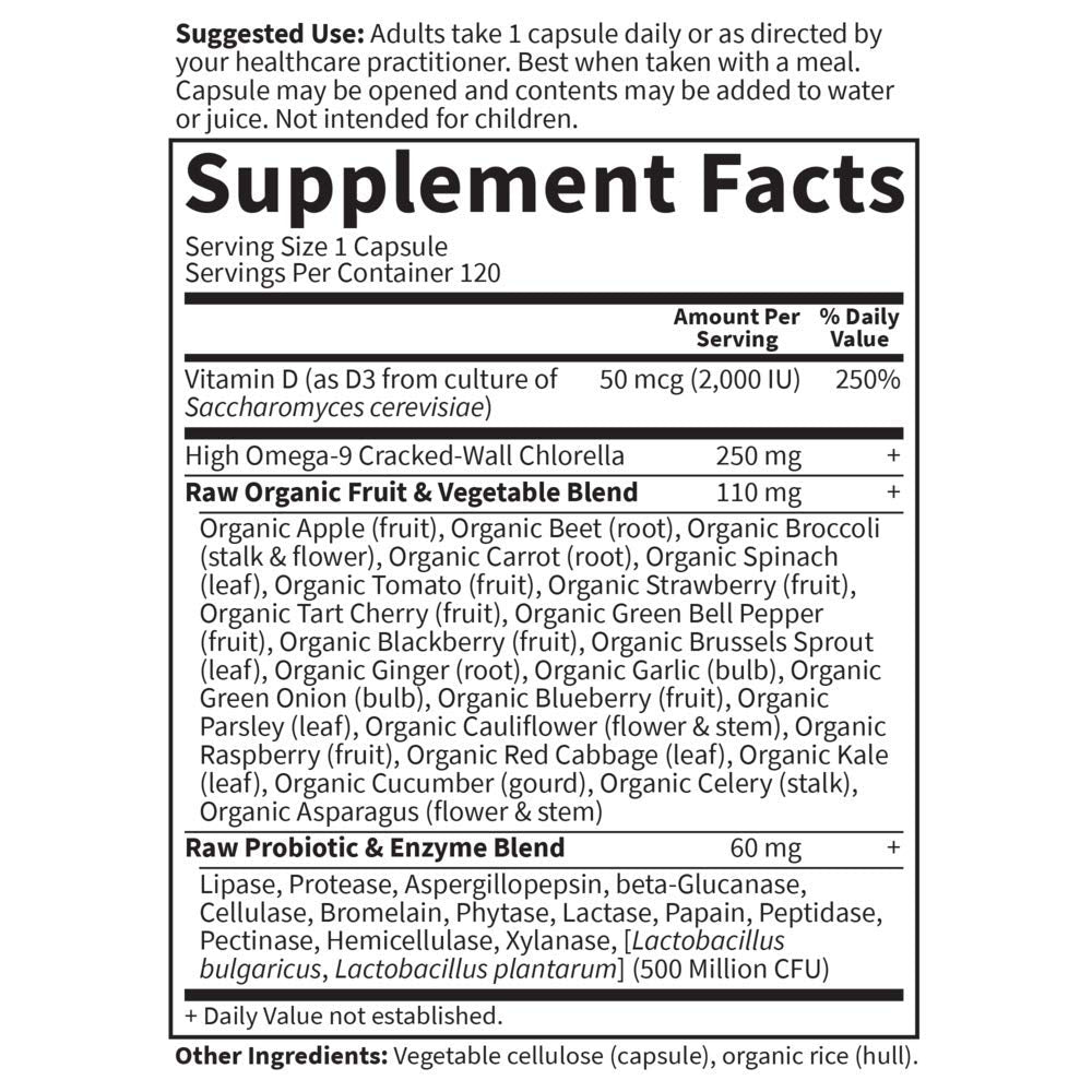 Garden of Life open capsule reveals D3 powder mix with easy mixing option.