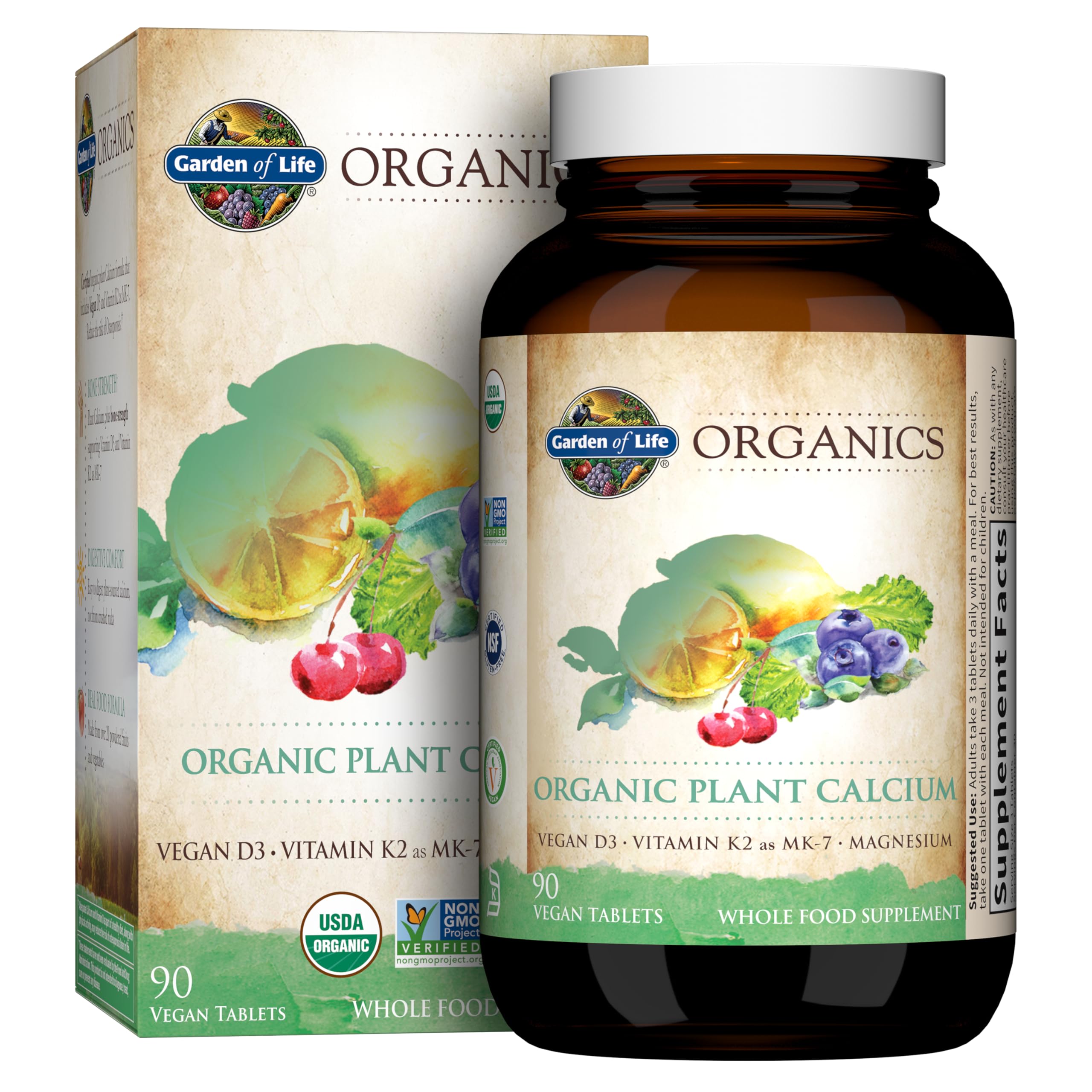 Garden of Life organic calcium bottle highlighting natural absorption from algae.