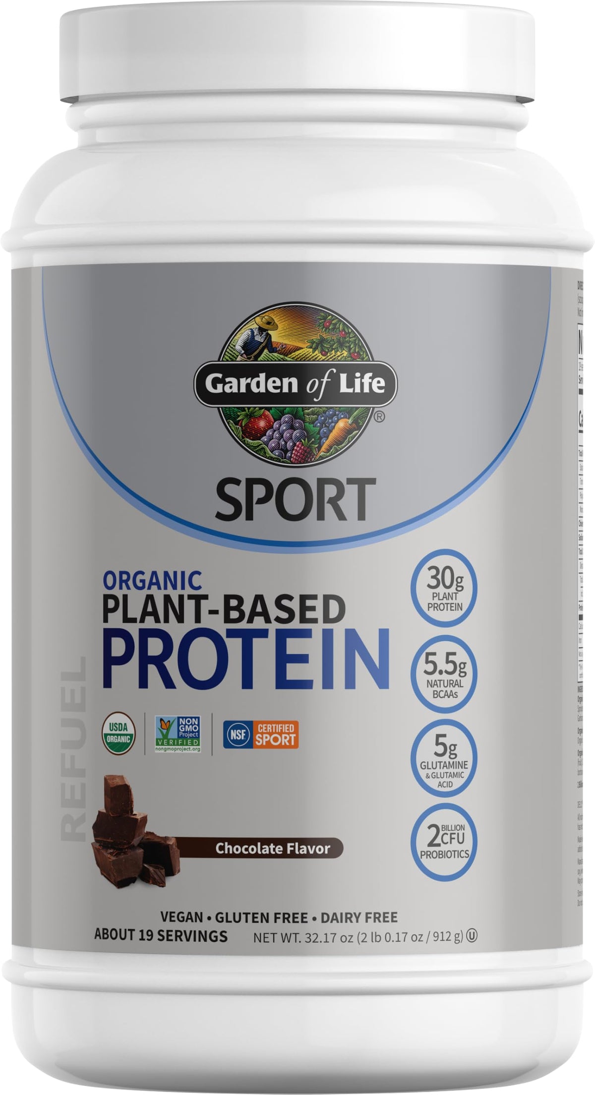 Garden of Life organic vegan protein chocolate jar for smooth muscle recovery