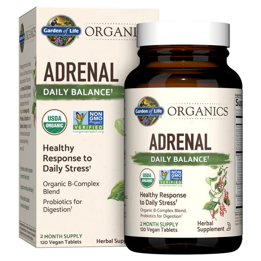Garden of Life Organics Adrenal Daily Balance bottle for stress support and energy.