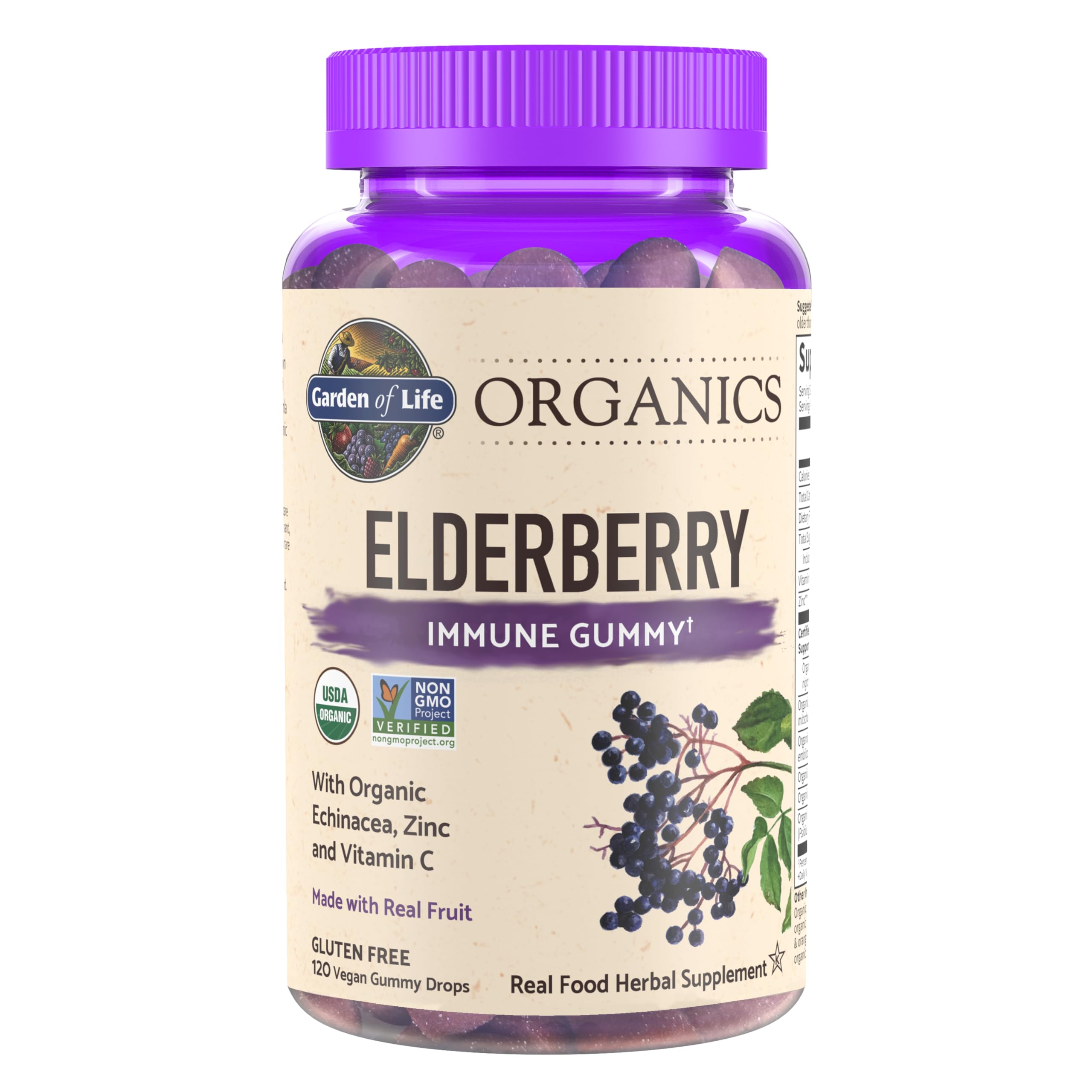 Garden of Life Organics Elderberry Gummies bottle highlights convenient daily immune support.