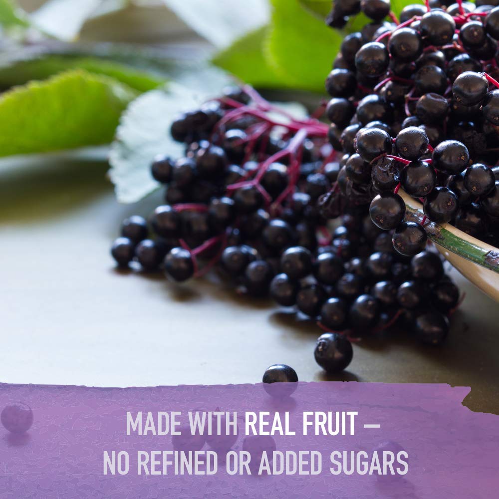 Garden of Life Organics Elderberry Gummies show organic fruit ingredients in a vibrant mix.