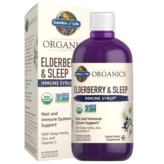 Garden of Life Organics Elderberry Zinc Immune Syrup bottle for daily immune support.