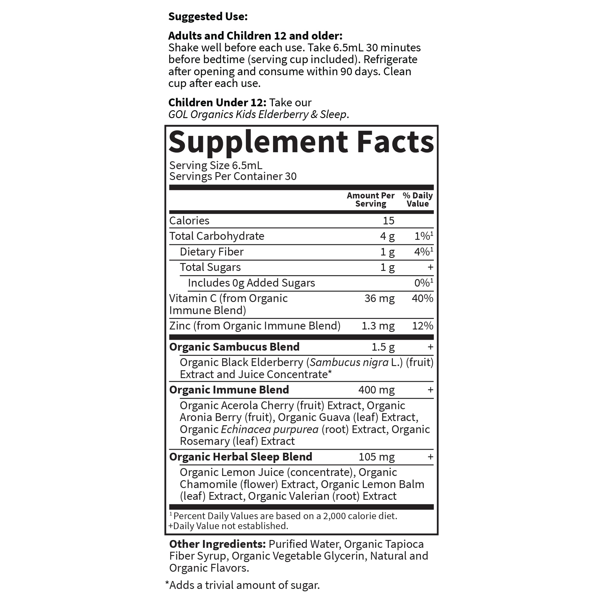 Elderberry blend components in Garden of Life Organics formula for immune support.