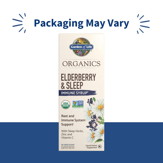Label of Garden of Life Organics Elderberry Zinc Immune Syrup highlighting certifications.