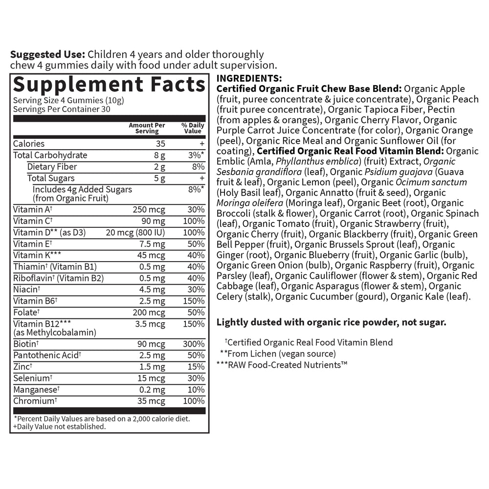 Bottle image reveals nine organic fruits used in Garden of Life Organics Kids Multi Gummies