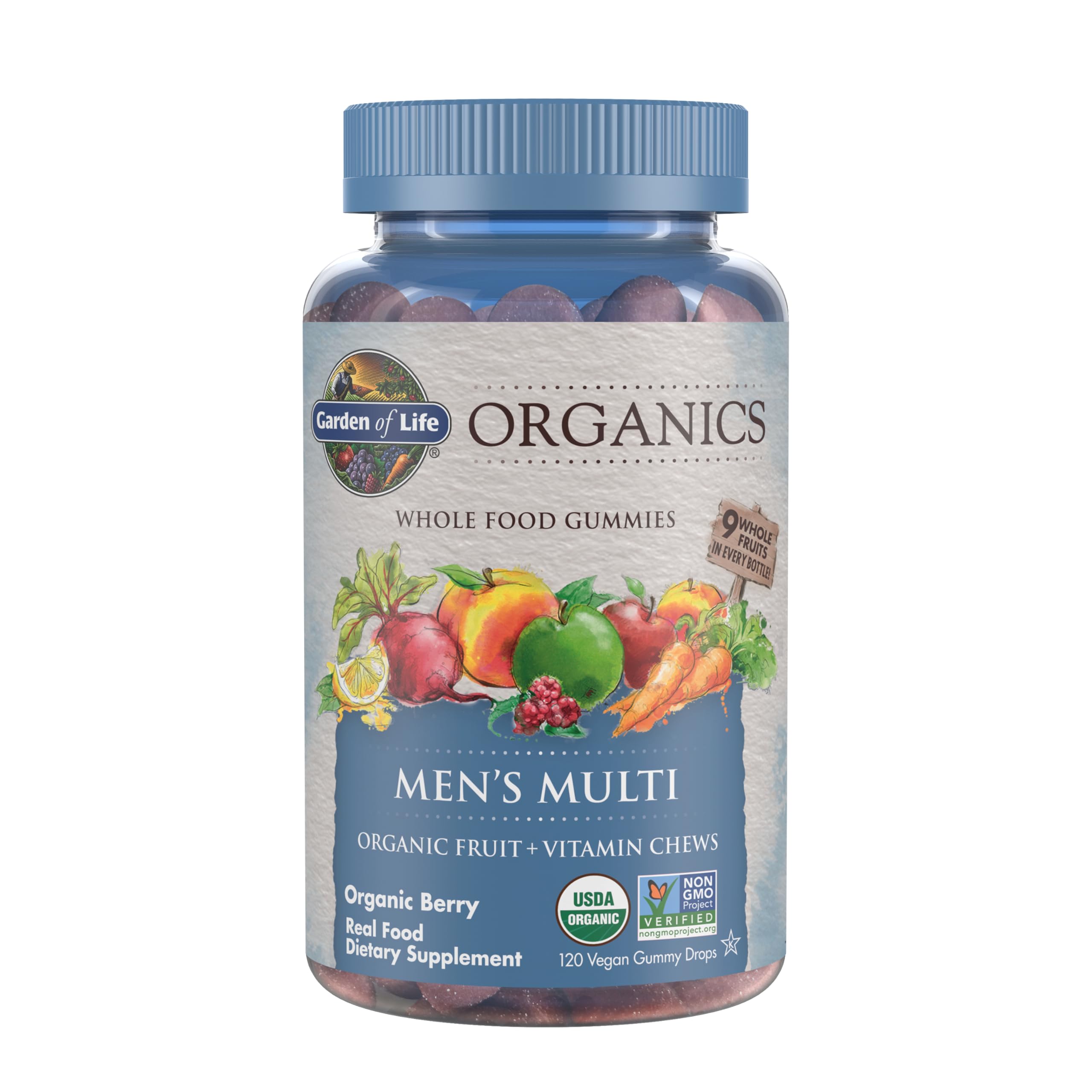 Garden of Life Organics Men's Multi Gummies bottle in berry flavor for daily nutrition.