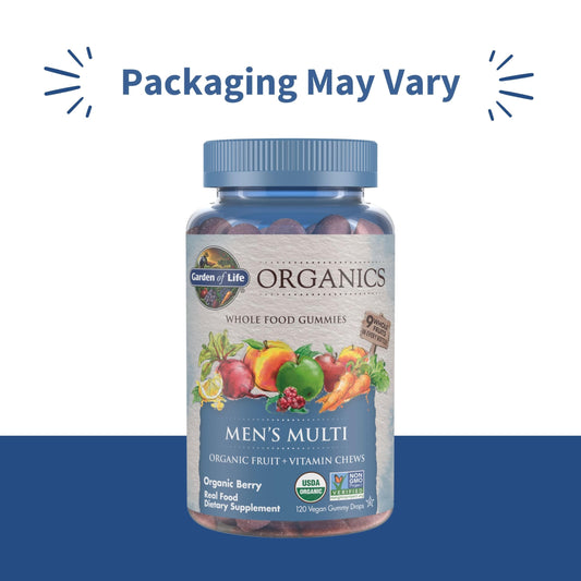 Garden of Life Organics Men's Multi Gummies close-up of berry chews for daily energy.