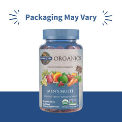 Garden of Life Organics Men's Multi Gummies close-up of berry chews for daily energy.