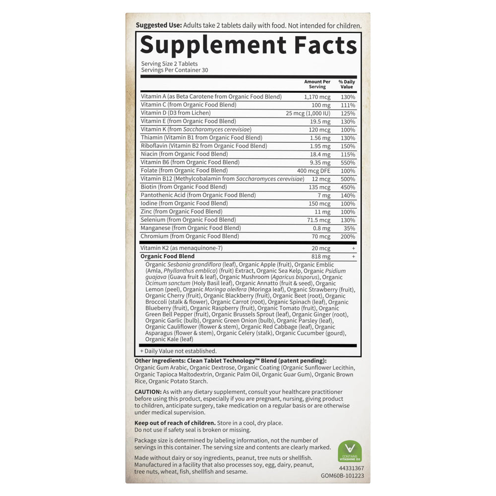 Garden of Life Organics Men's Multi nutrition facts panel highlight macro and micro nutrients