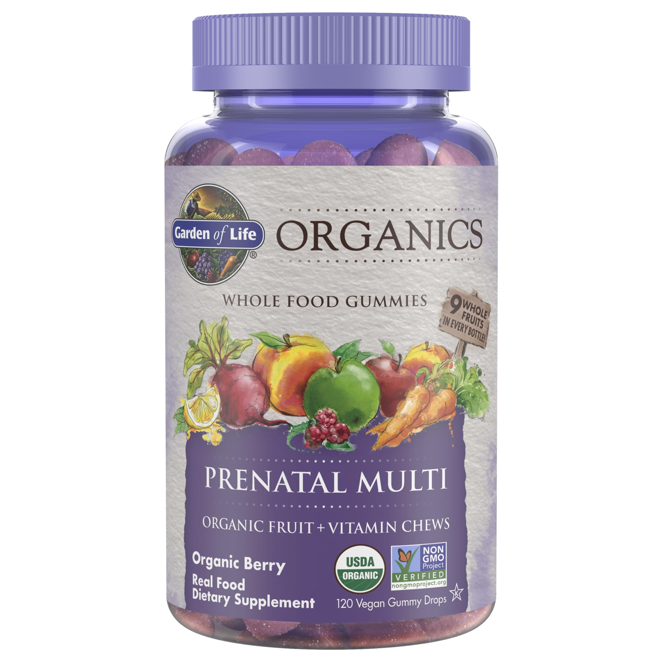 Garden of Life Organics Prenatal Gummies bottle front with berry flavor for convenient daily nutrition