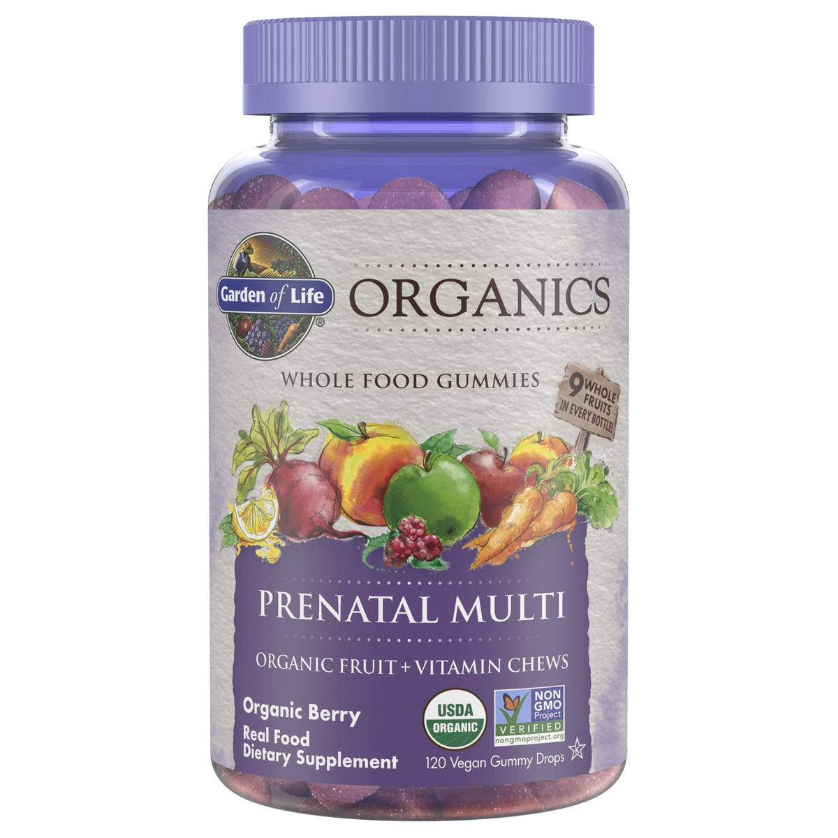 Garden of Life Organics Prenatal Gummies bottle front with berry flavor for convenient daily nutrition