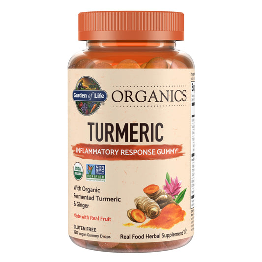 Packaging of Garden of Life Organics Turmeric Gummy on a kitchen shelf for everyday wellness.